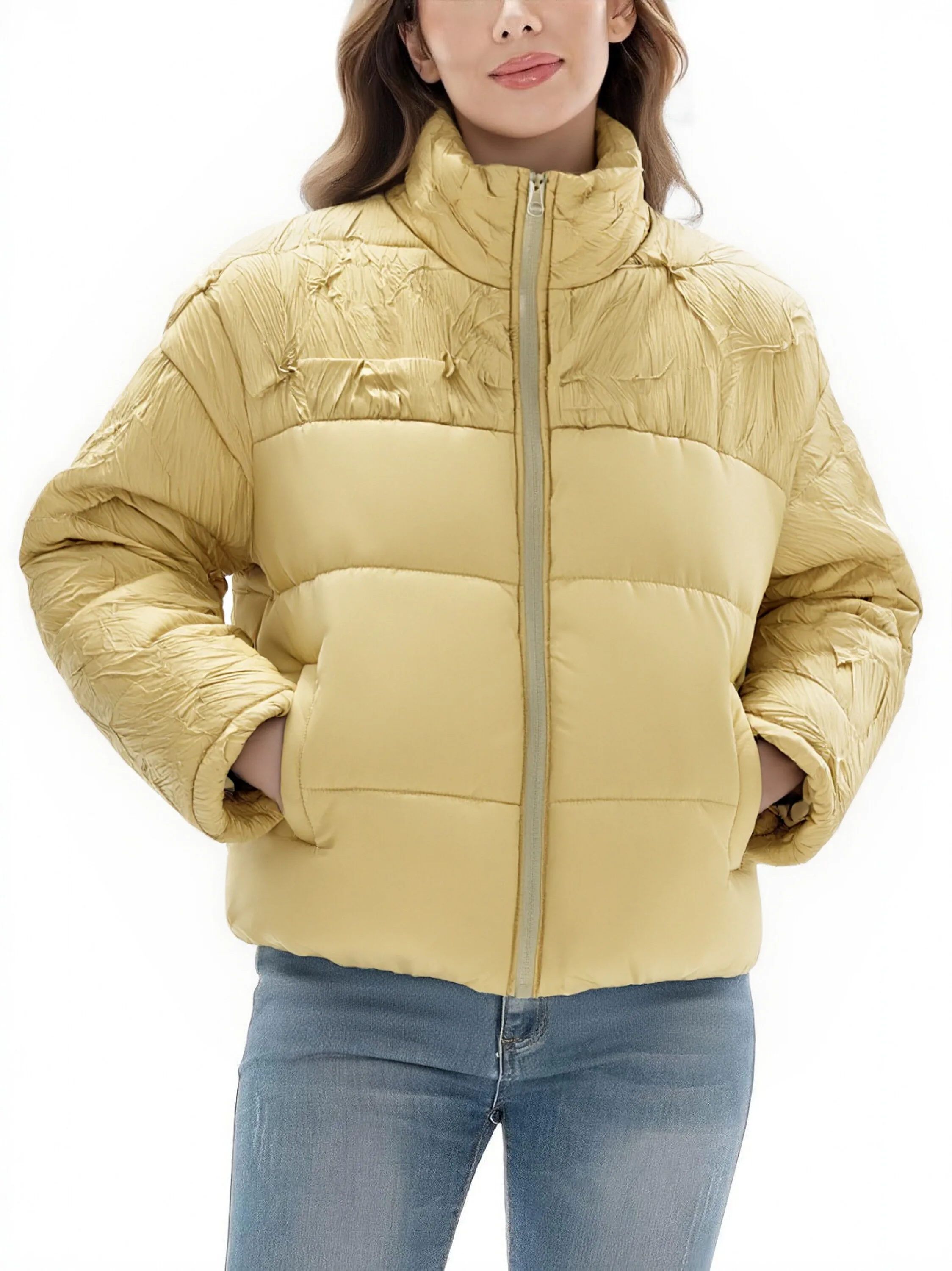 YUDX Solid Women's Cotton Stand-up Collar Long-sleeved Design Zipper Hundred Slim Thickened Jacket Pleated Top 2025 Winter New