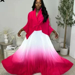 YUDX 2024 Pleats 2-piece Set Lapel Lace-up Waist Top + Gradual Change Color High Waist Versatile Skirt Set