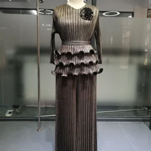 YUDX Autumn 2024 New Pleated Women's Suit Solid Bronzing V-Neck Ruffled Loose Plus Size Wide Leg Pants Casual Two-piece Set